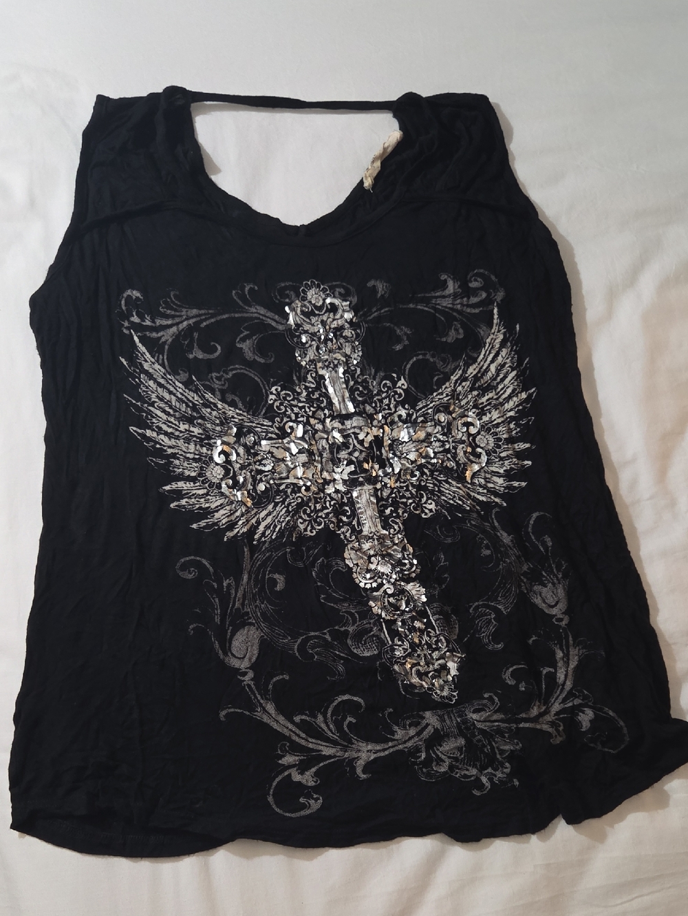 Black Women's Embellished Cross & Wings Tank Top